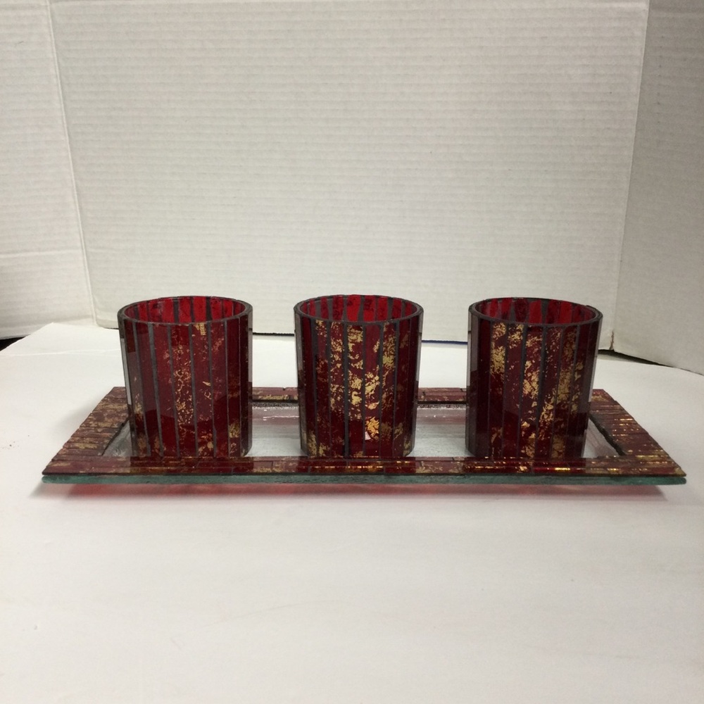 Elements 4pc Red & Gold Mosaic Glass Votive Candle Holder Set with Matching Tray